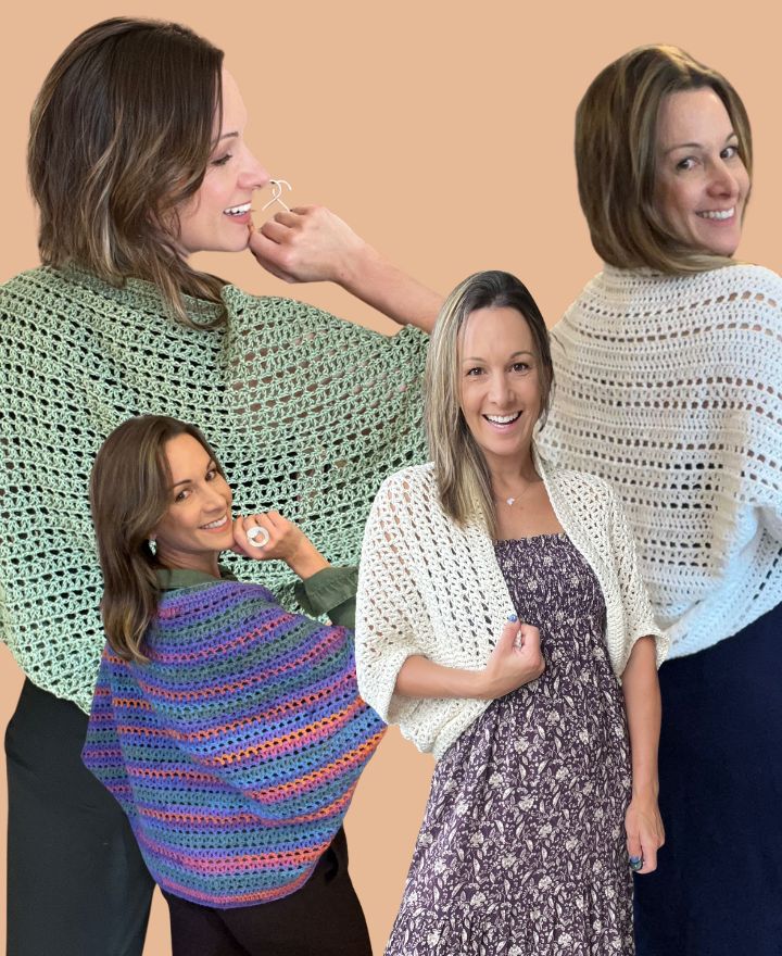 Modelo vestindo diferentes xales de crochê em várias cores e estilos, sorrindo e se exibindo em poses criativas.