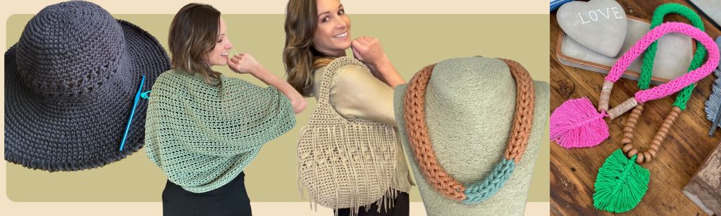 Modelo de chapéu de crochê escuro à esquerda, com uma mulher vestindo uma peça de crochê verde no centro, e colares coloridos de crochê em destaque à direita.