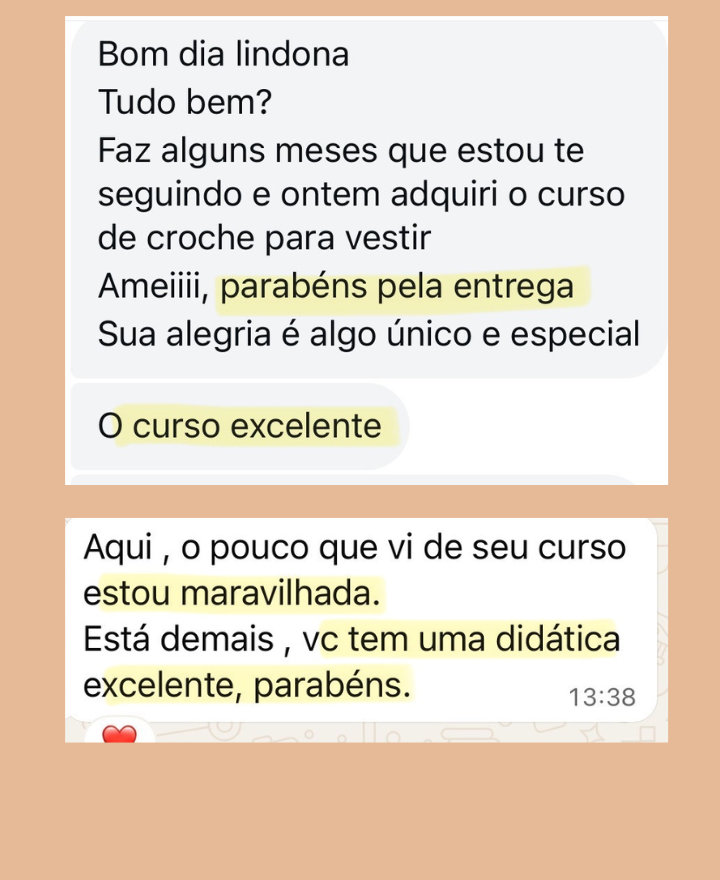 Captura de tela de uma conversa de WhatsApp com elogios sobre um curso de crochê, destacando a entrega e a didática do conteúdo.